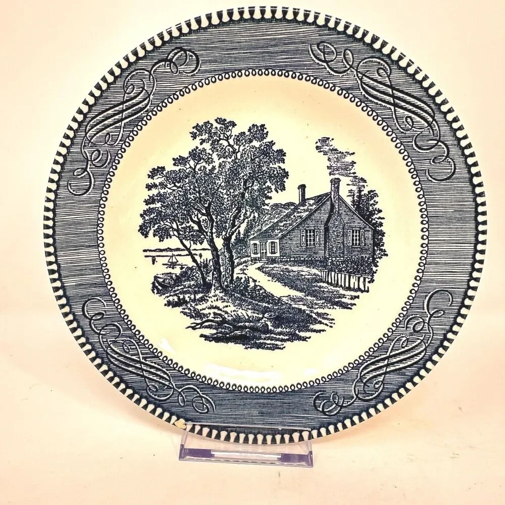 Vintage Royal China Currier and Ives Blue Transferware 5 Piece Dinnerware Set